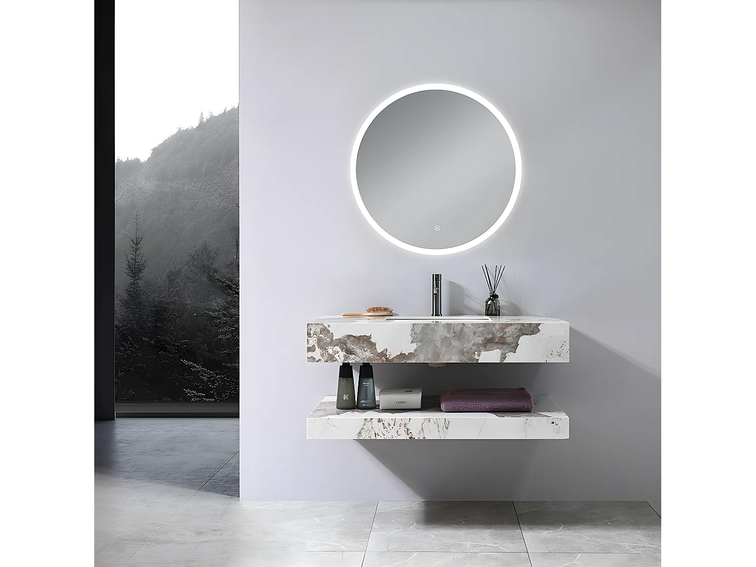 LuxuryBain- Meuble de salle de bain simple vasque 100cm effet marbre avec miroir LED LB-8399