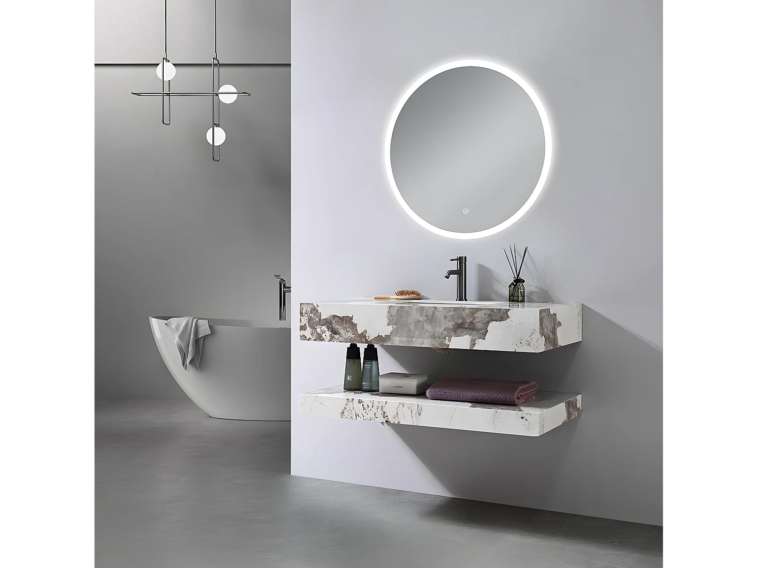LuxuryBain- Meuble de salle de bain simple vasque 100cm effet marbre avec miroir LED LB-8399