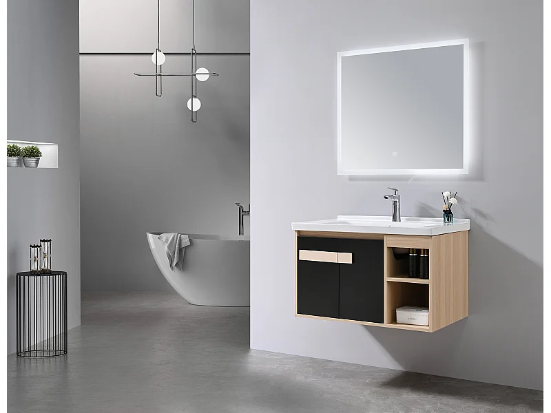 LuxuryBain- Meuble de salle de bain simple vasque 80cm bois et noir avec miroir LED LB-6969