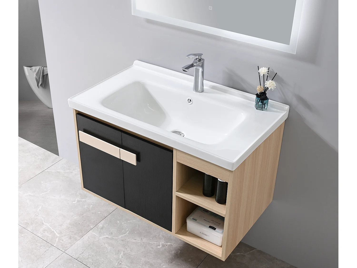 LuxuryBain- Meuble de salle de bain simple vasque 80cm bois et noir avec miroir LED LB-6969