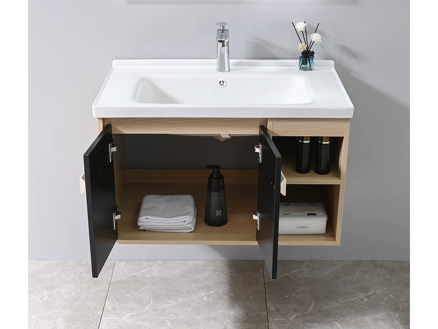 LuxuryBain- Meuble de salle de bain simple vasque 80cm bois et noir avec miroir LED LB-6969