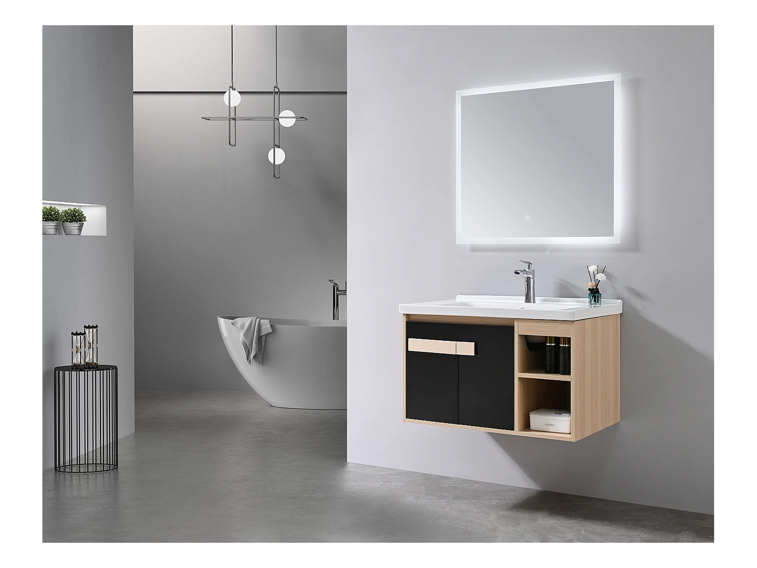 LuxuryBain- Meuble de salle de bain simple vasque 80cm bois et noir avec miroir LED LB-6969