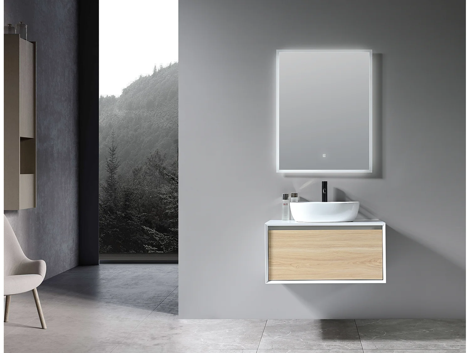 LuxuryBain- Meuble de salle de bain simple vasque 80cm blanc et bois avec miroir LED LB-5074