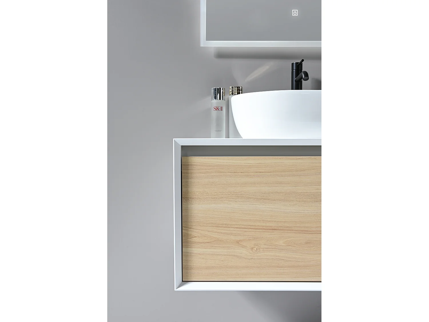 LuxuryBain- Meuble de salle de bain simple vasque 80cm blanc et bois avec miroir LED LB-5074