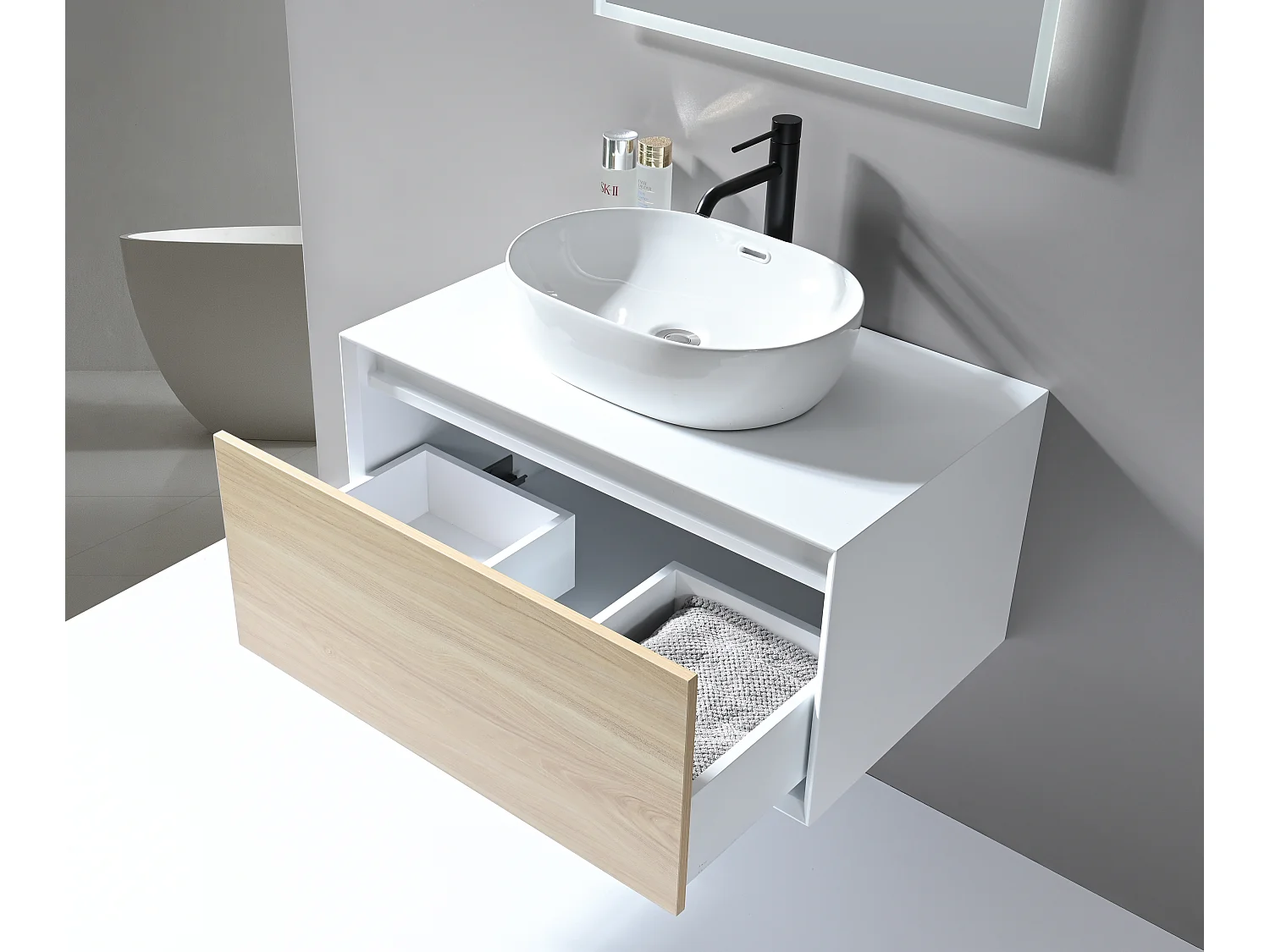 LuxuryBain- Meuble de salle de bain simple vasque 80cm blanc et bois avec miroir LED LB-5074