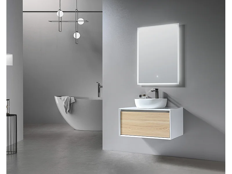 LuxuryBain- Meuble de salle de bain simple vasque 80cm blanc et bois avec miroir LED LB-5074