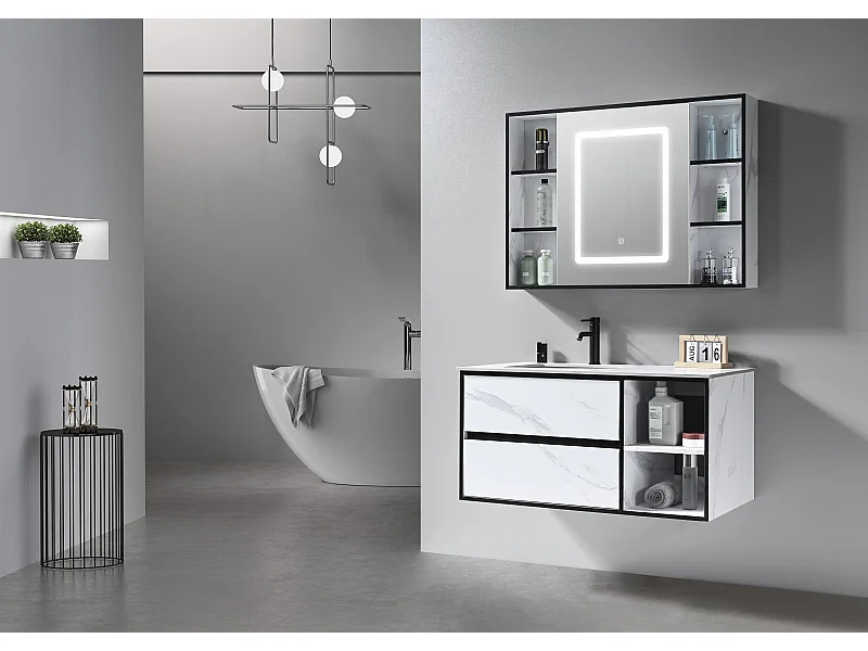 LuxuryBain- Meuble de salle de bain simple vasque 100cm blanc effet marbre et miroir LED avec colonne de rangement LB-6948