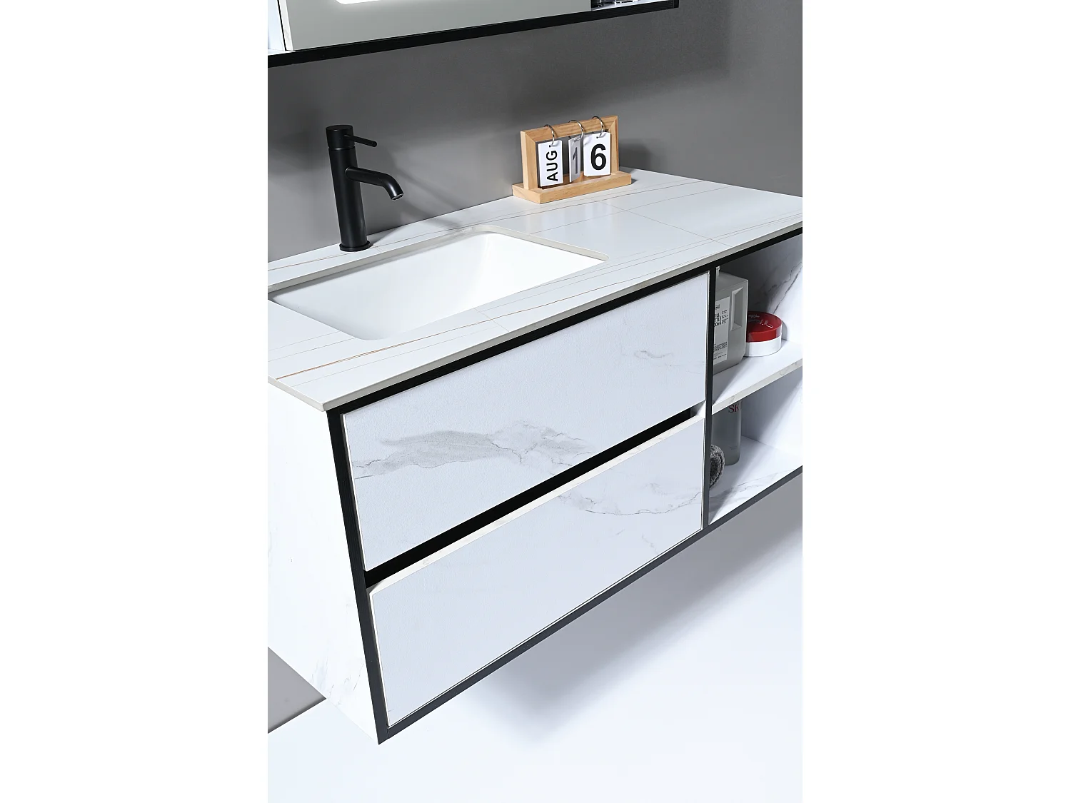 LuxuryBain- Meuble de salle de bain simple vasque 100cm blanc effet marbre et miroir LED avec colonne de rangement LB-6948