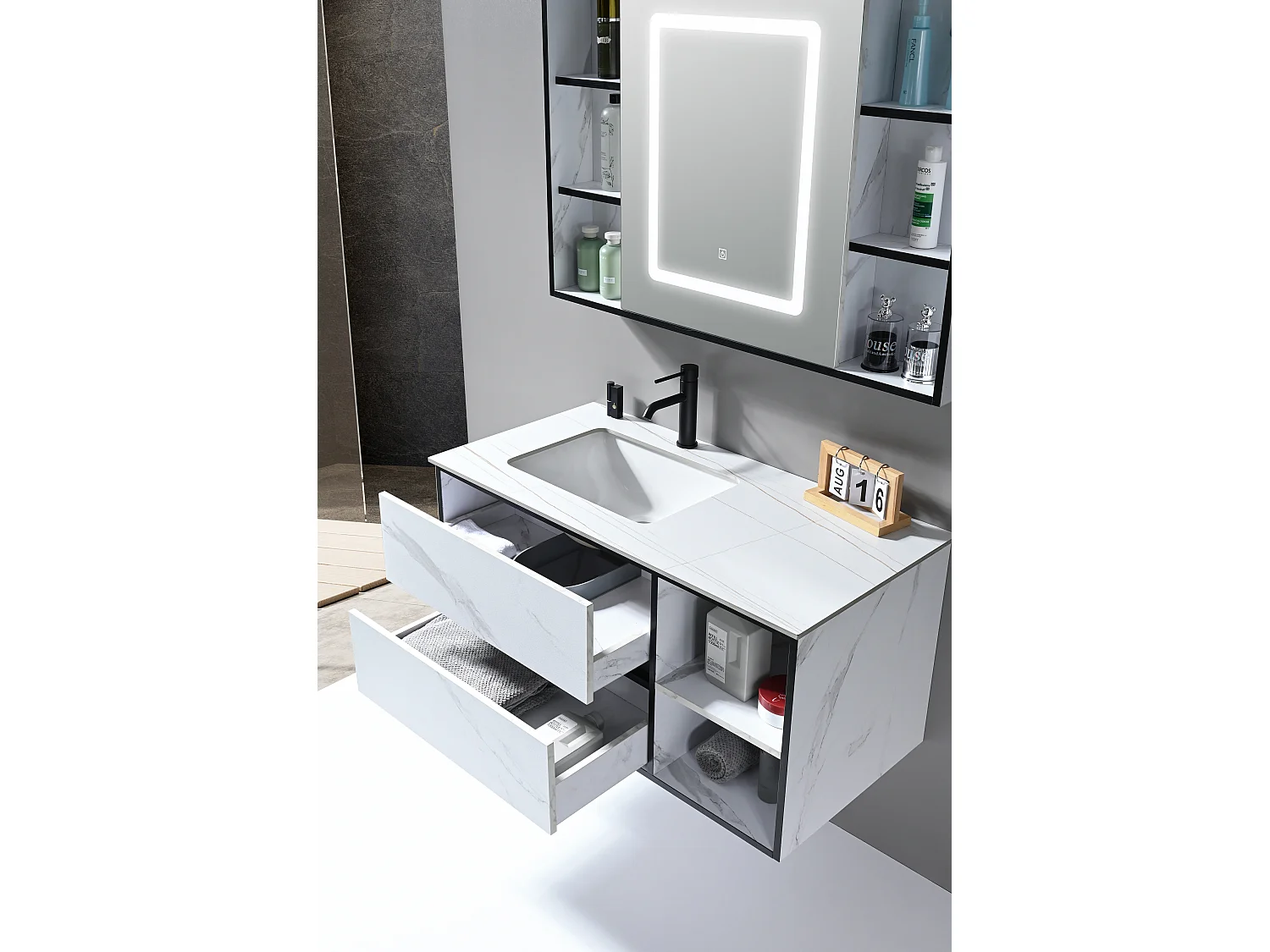 LuxuryBain- Meuble de salle de bain simple vasque 100cm blanc effet marbre et miroir LED avec colonne de rangement LB-6948