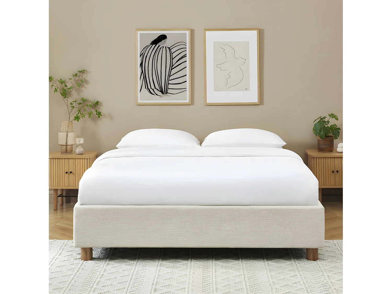Millo - Lit coffre en tissu lin 140x190cm - Beige