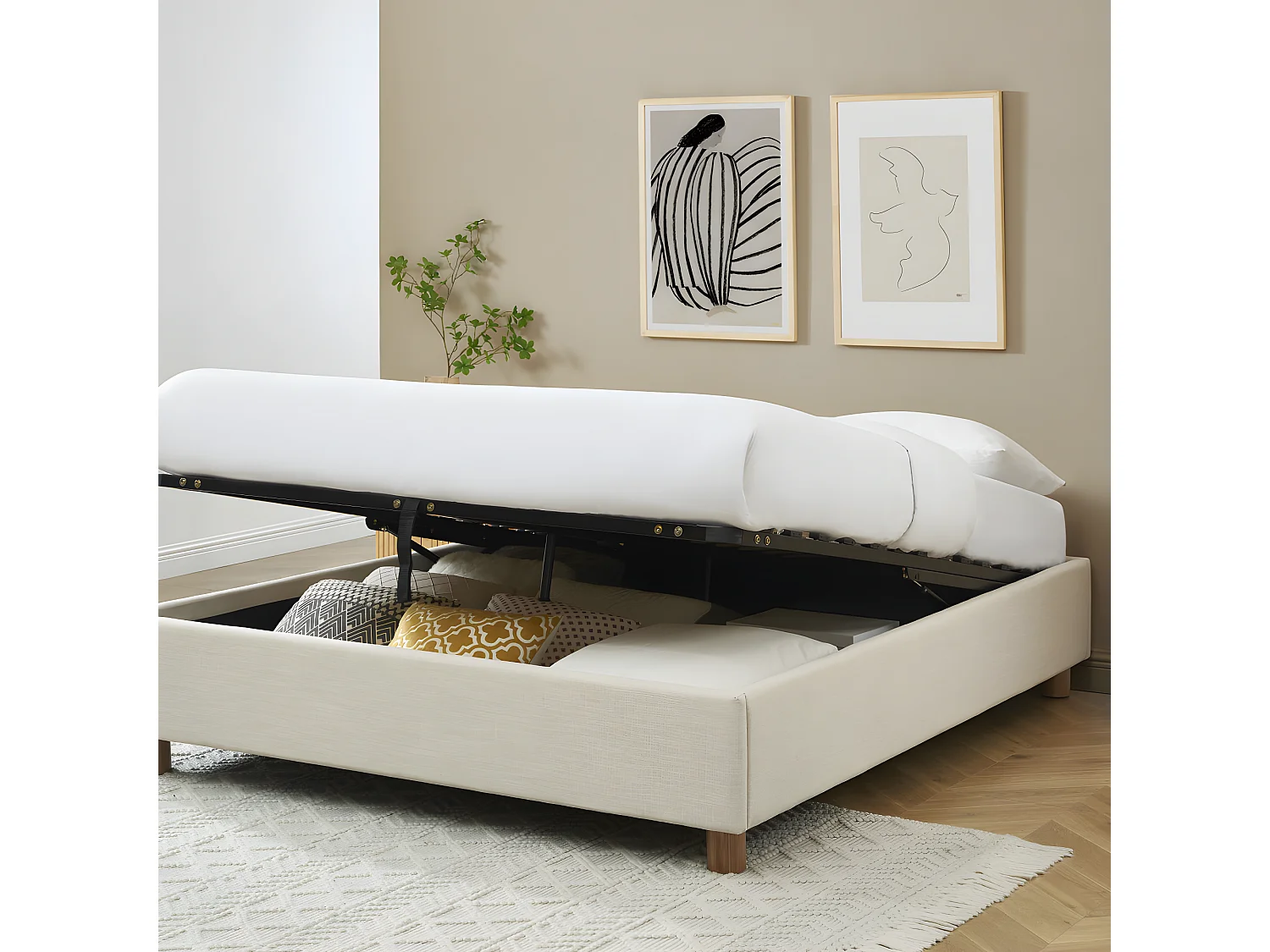 Millo - Lit coffre en tissu lin 140x190cm - Beige
