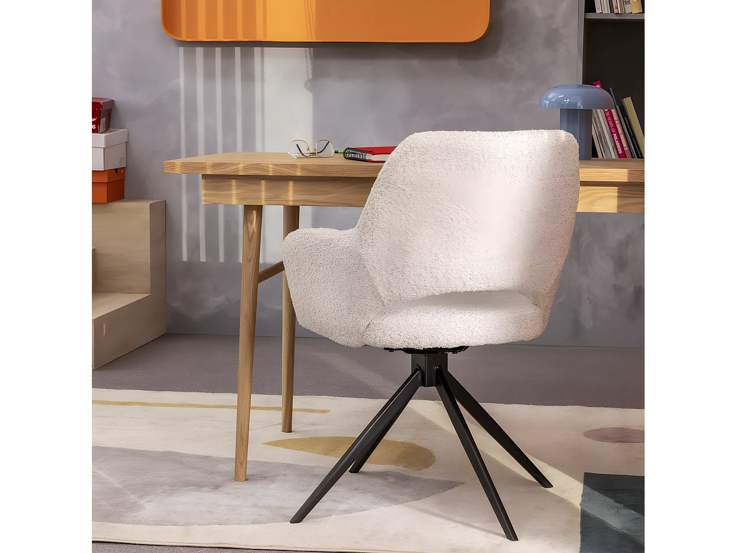 Ivar - Chaise de bureau en tissu bouclette et métal - Écru chiné