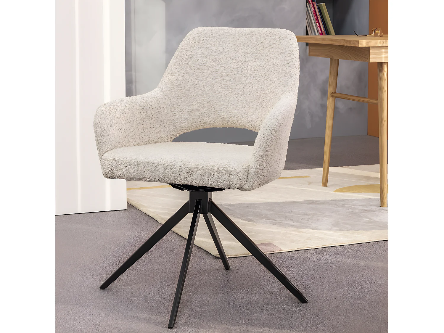 Ivar - Chaise de bureau en tissu bouclette et métal - Écru chiné