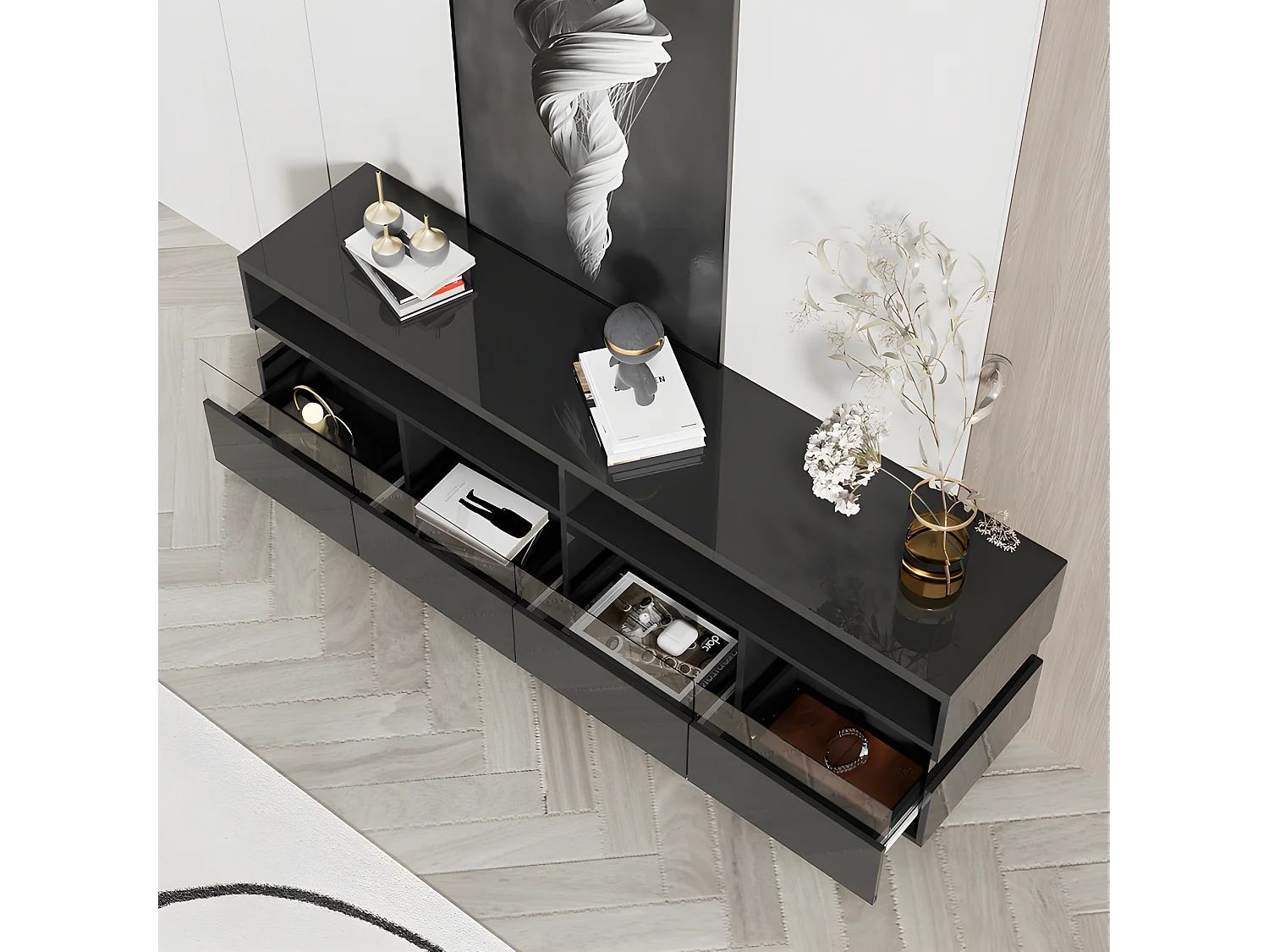 Mobile TV con LED - 2 vani aperti e 4 cassetti grandi - stile moderno - Nero