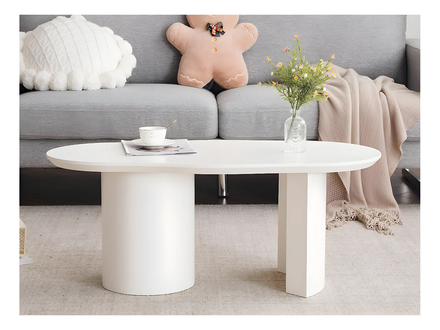 Table basse L 100cm - avec plateau incurvé irrégulier et élégant - Blanc