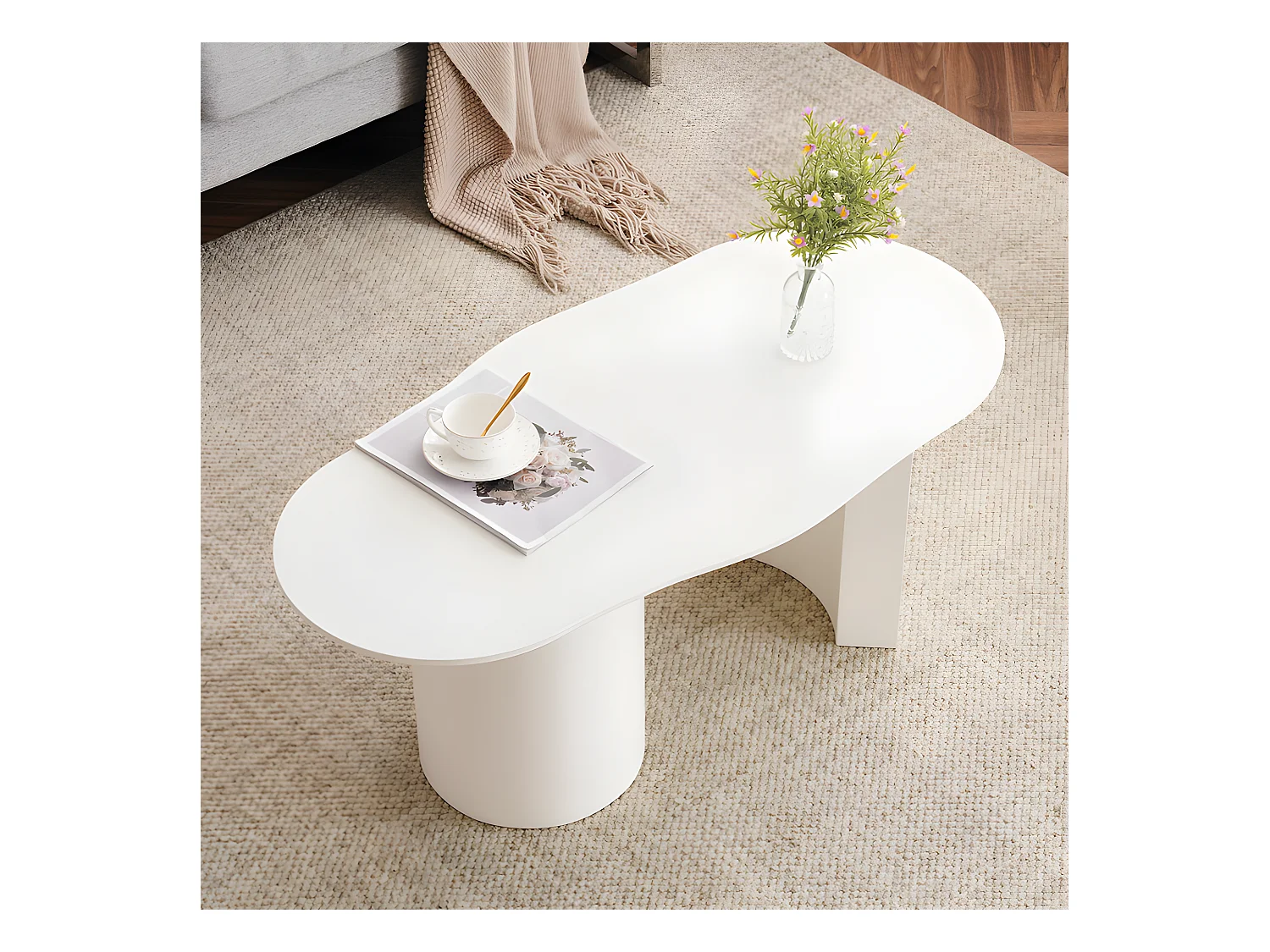 Mesa de centro L 100 cm - con tablero curvo irregular y elegante - Blanco