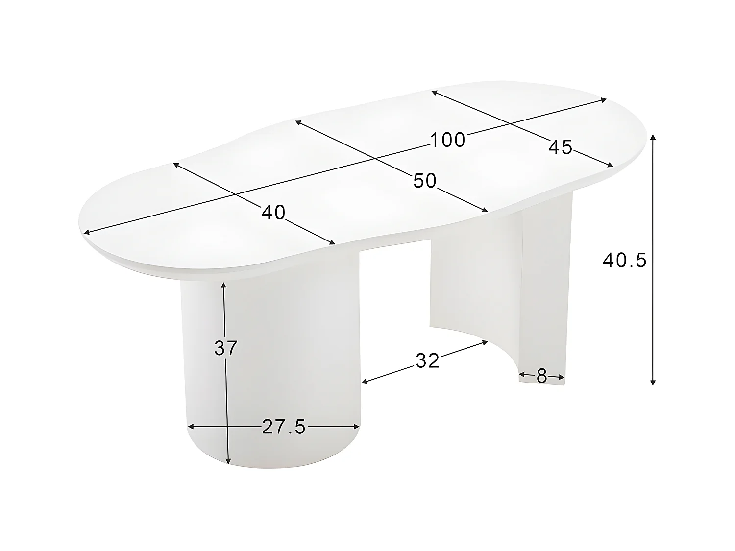 Mesa de centro L 100 cm - con tablero curvo irregular y elegante - Blanco