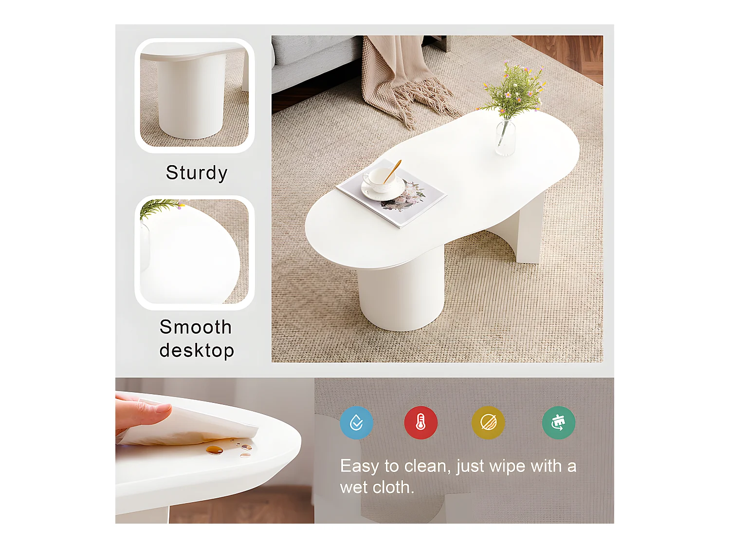 Mesa de centro L 100 cm - con tablero curvo irregular y elegante - Blanco