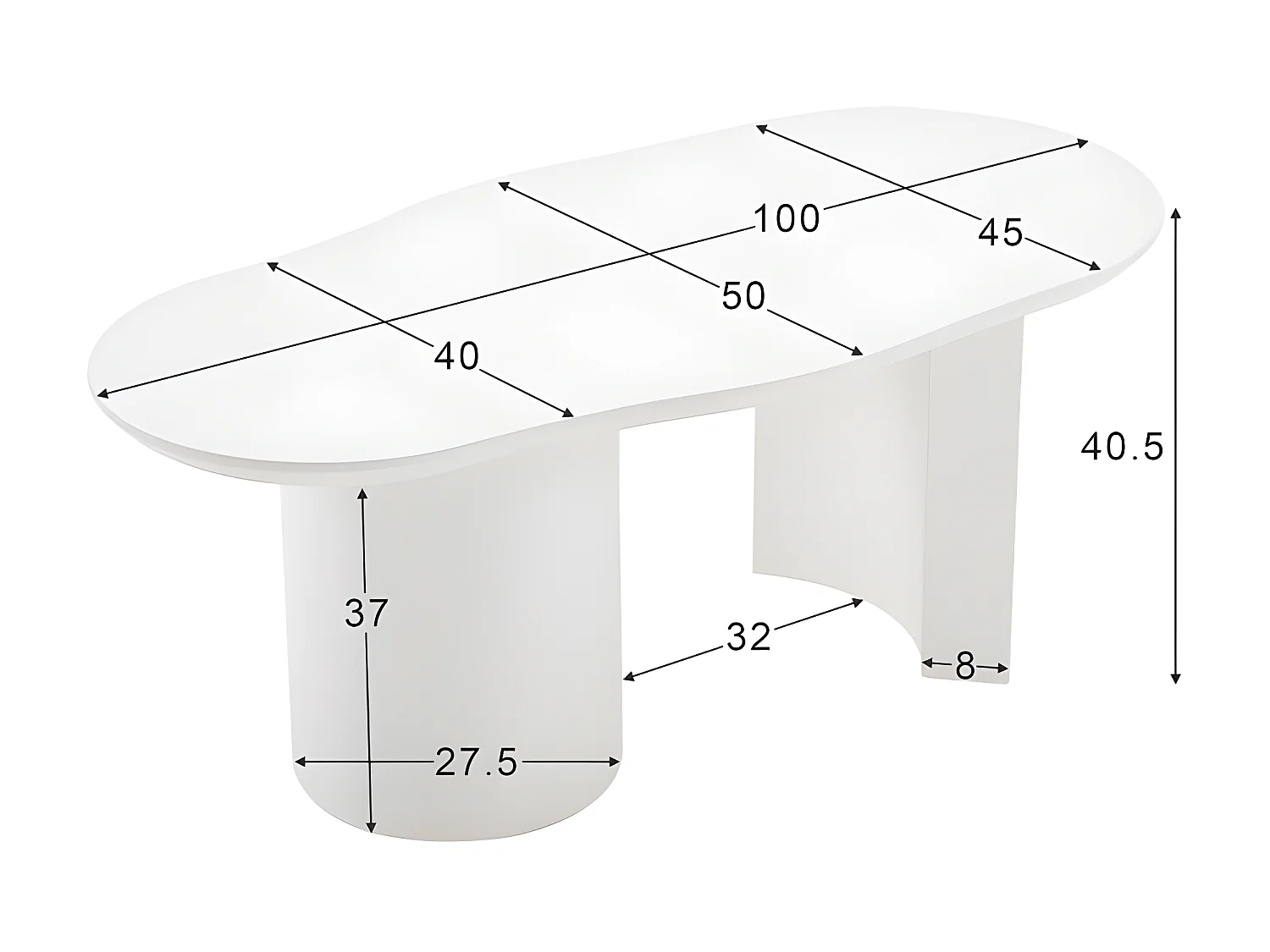Table basse L 100cm - avec plateau incurvé irrégulier et élégant - Blanc