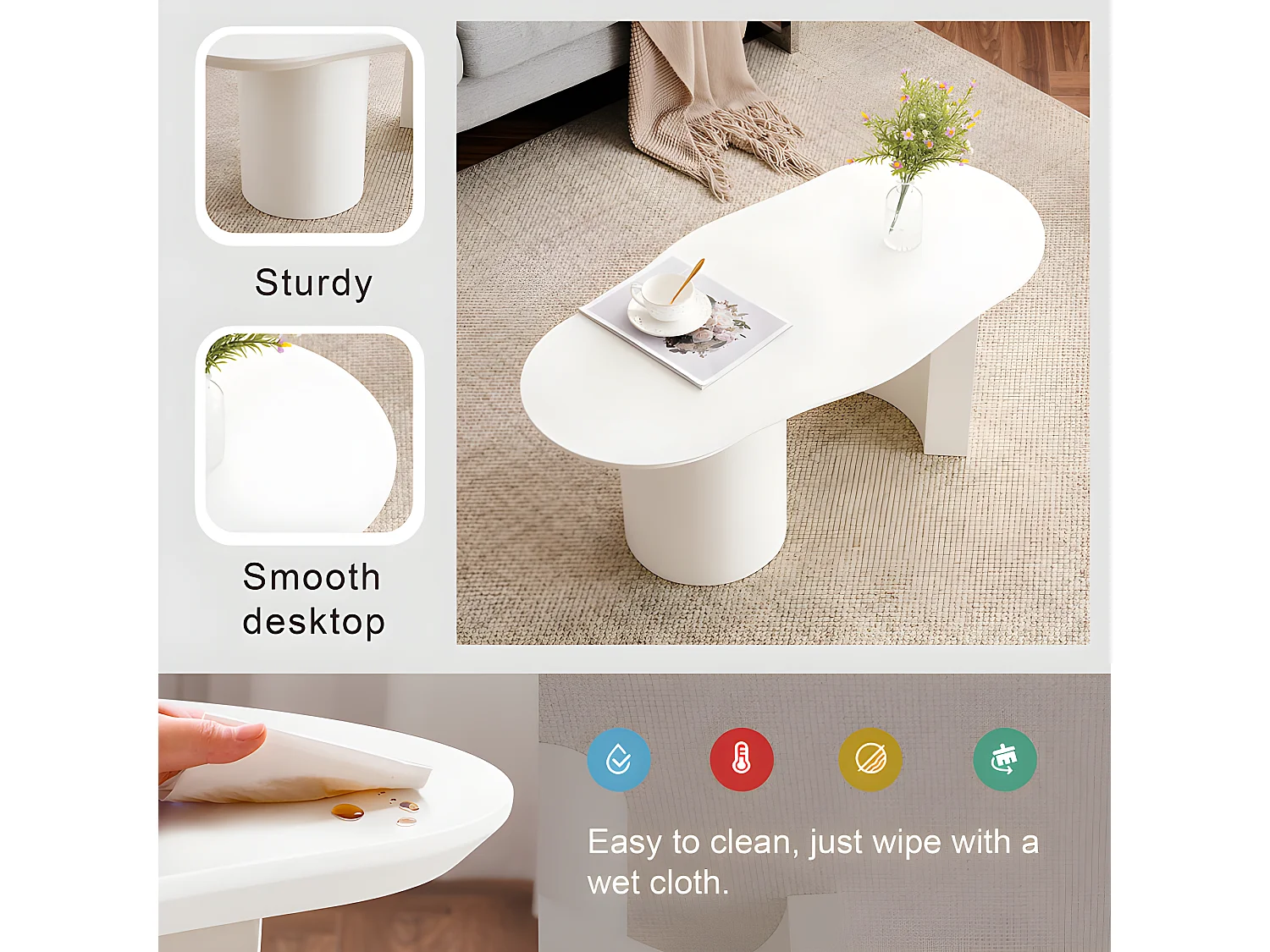 Table basse L 100cm - avec plateau incurvé irrégulier et élégant - Blanc