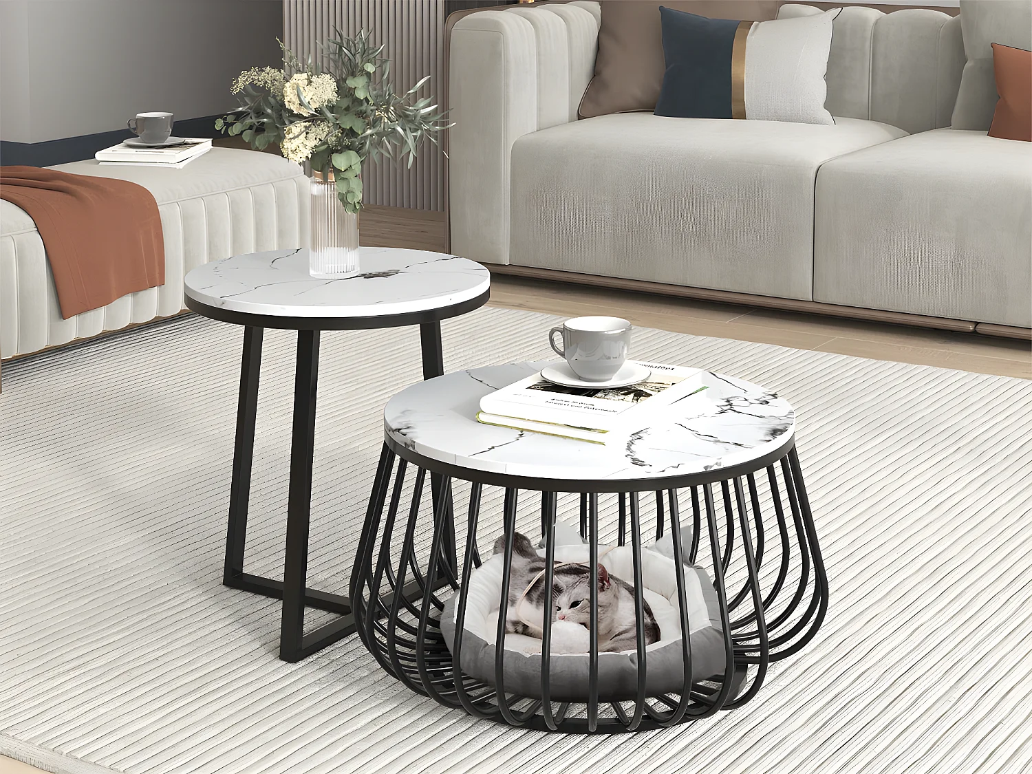 Lot de 2 Tables gigognes - plateau en MDF à motif de marbre - Blanc