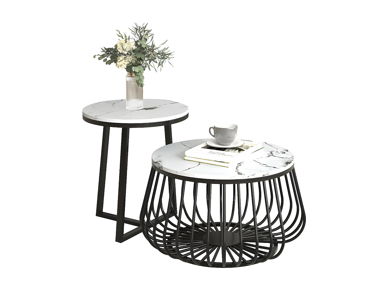 Lot de 2 Tables gigognes - plateau en MDF à motif de marbre - Blanc