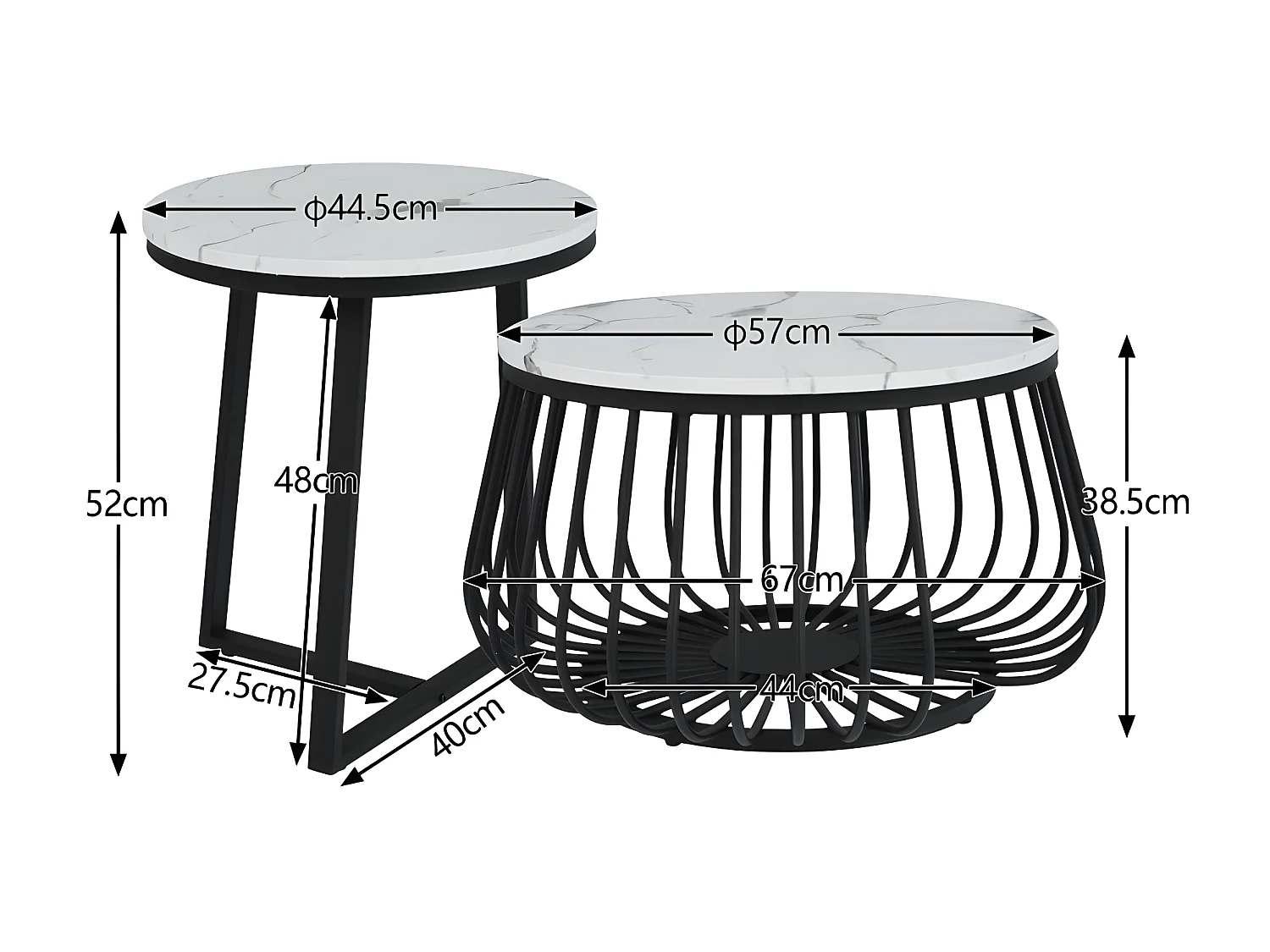 Lot de 2 Tables gigognes - plateau en MDF à motif de marbre - Blanc