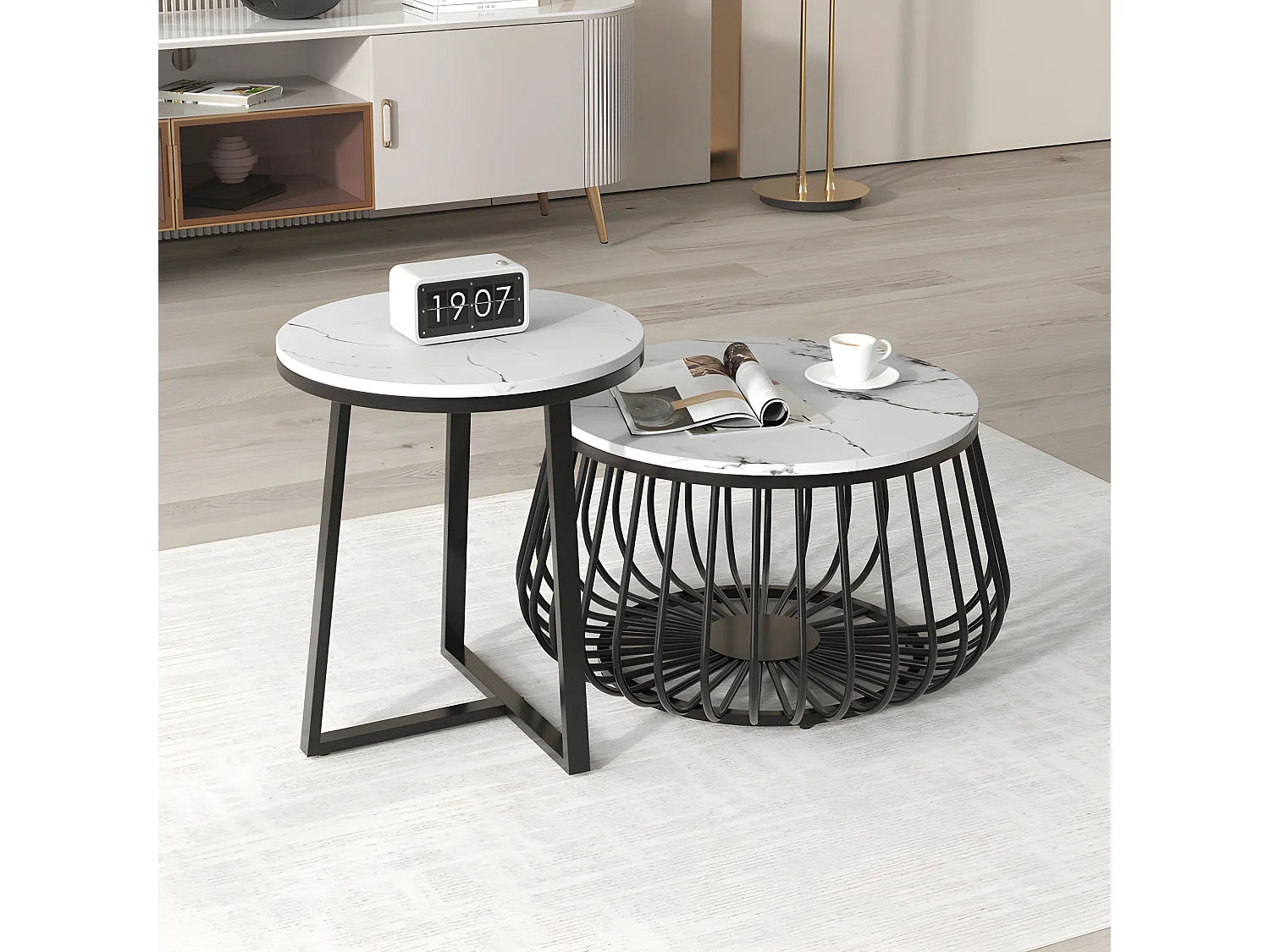 Set van 2 Bijzettafels - MDF blad met marmerpatroon - Wit