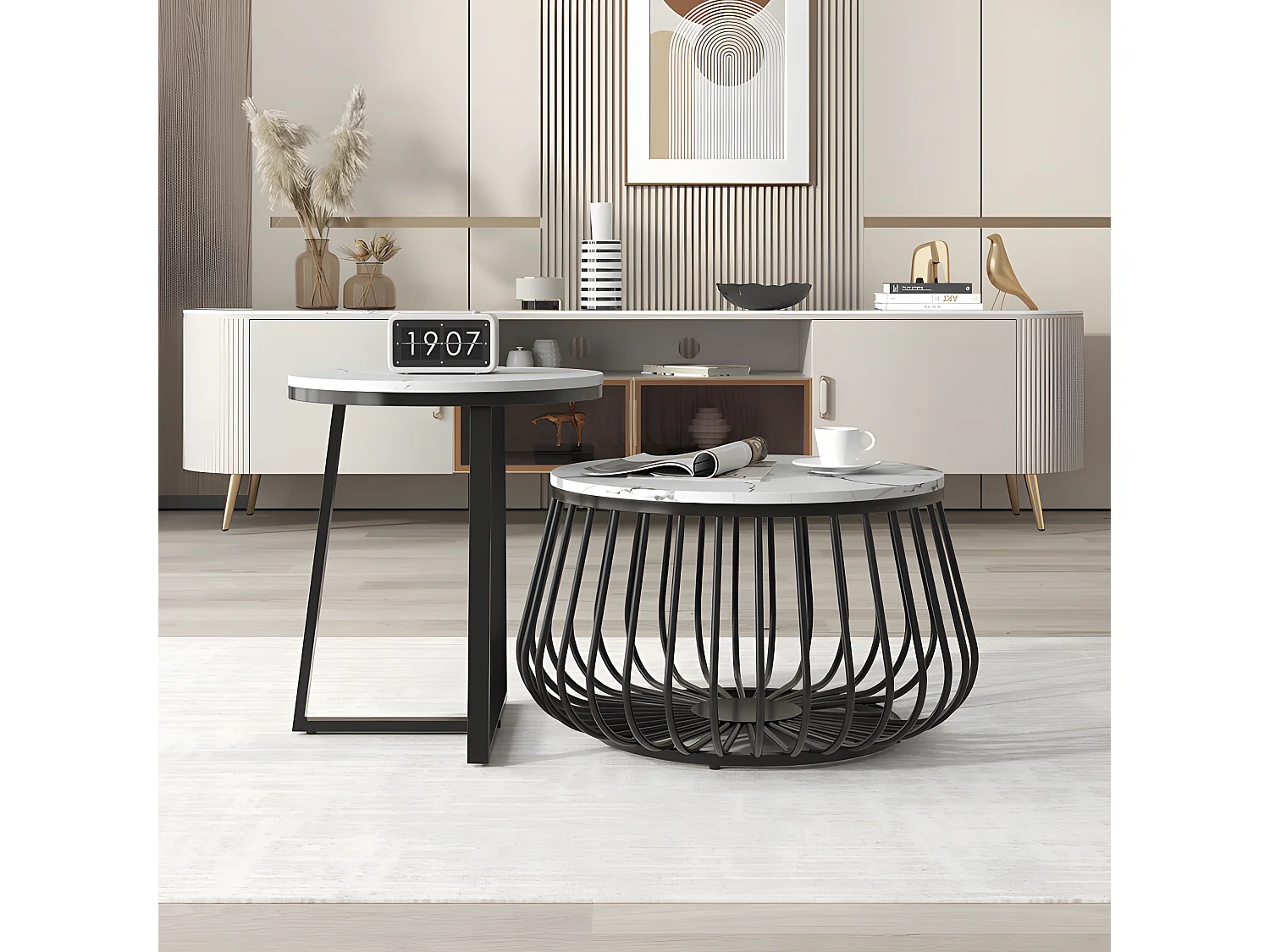 Set van 2 Bijzettafels - MDF blad met marmerpatroon - Wit