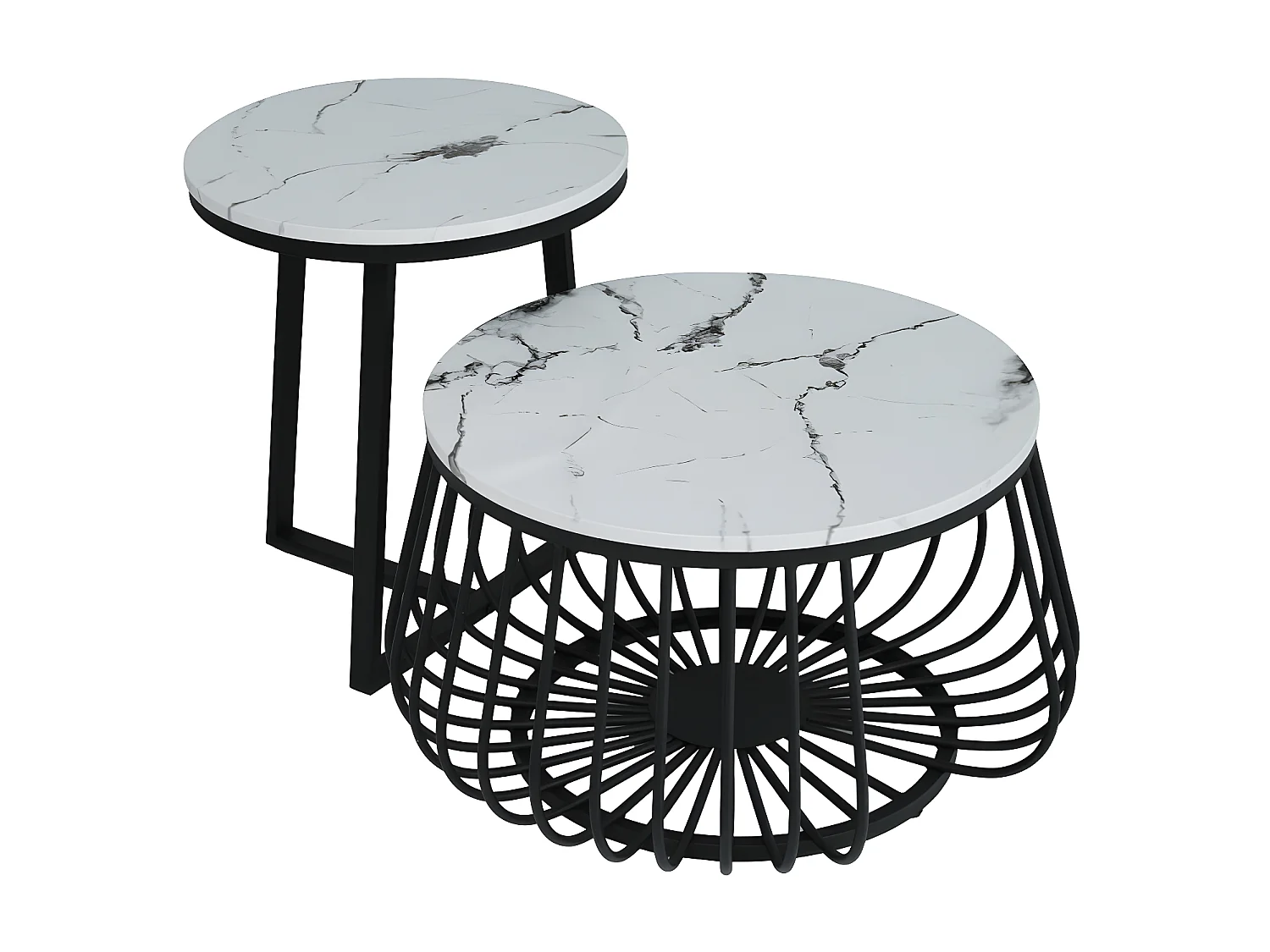 Set van 2 Bijzettafels - MDF blad met marmerpatroon - Wit