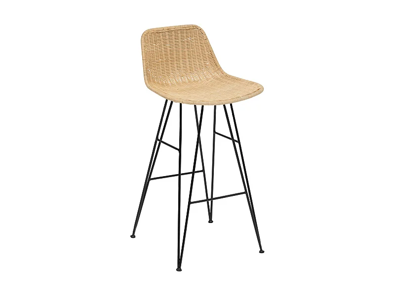 Chaise Tabouret de bar en Rotin naturel et Pieds en acier Noir