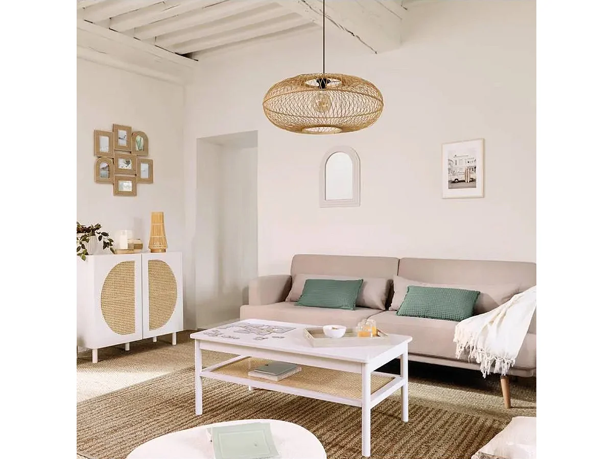 Table basse 2 niveaux en Bois Blanc et Cannage en Rotin