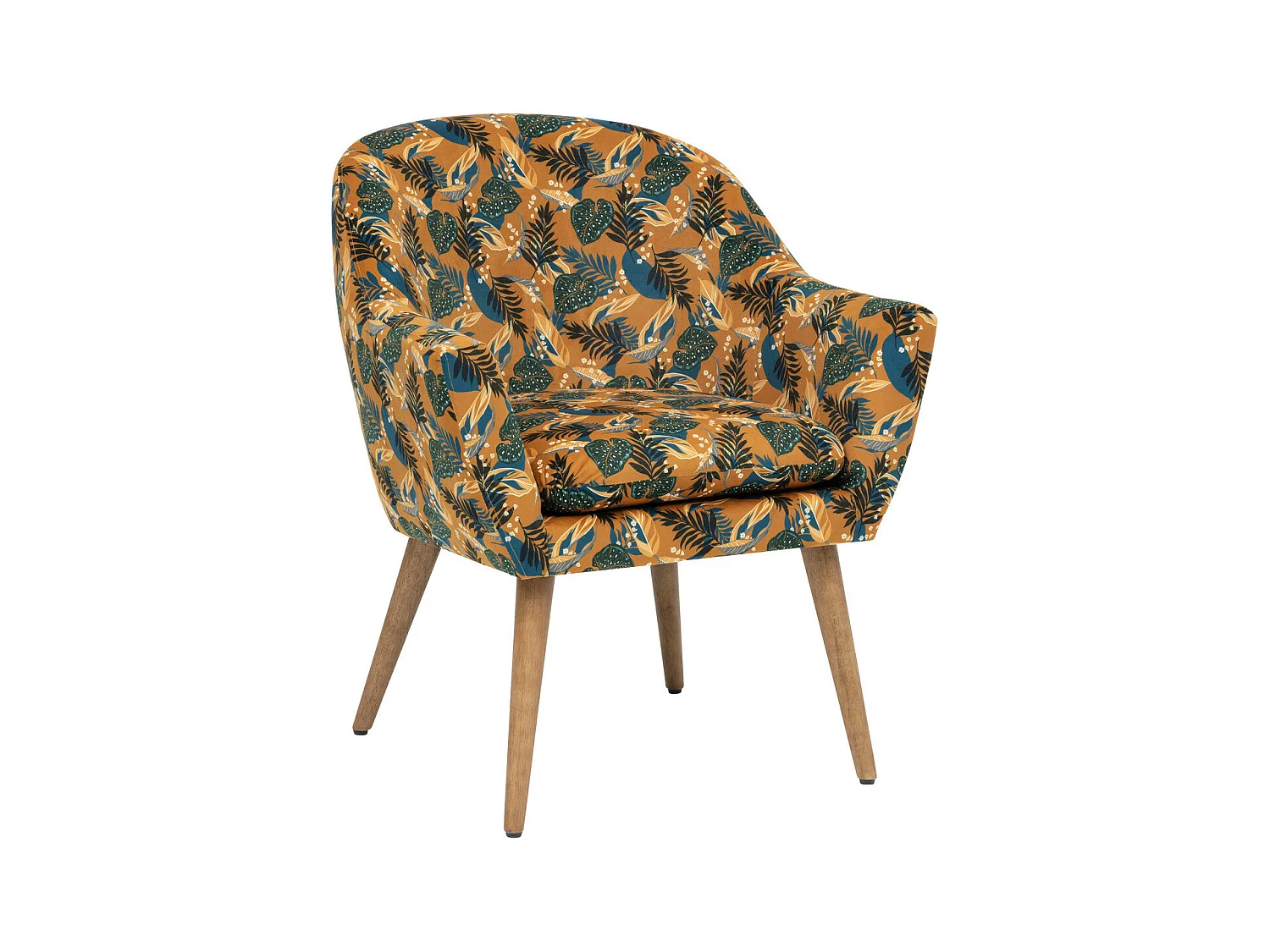 Fauteuil en Velours Ocre motif feuilles et pieds en Bois