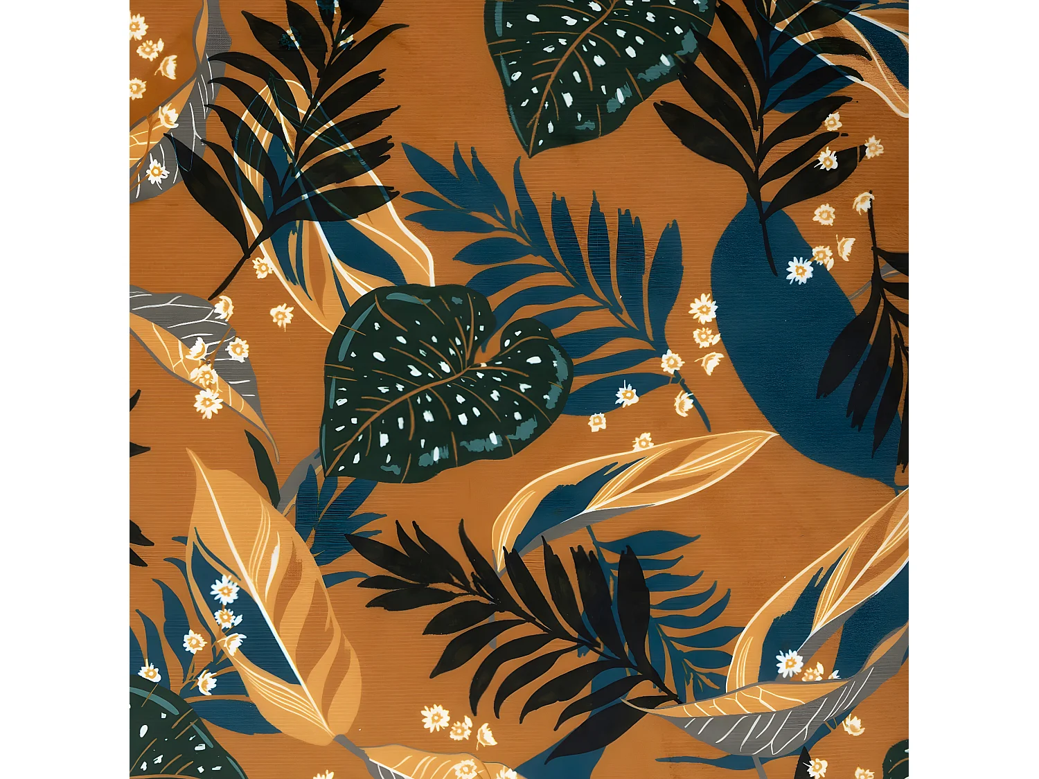 Fauteuil en Velours Ocre motif feuilles et pieds en Bois