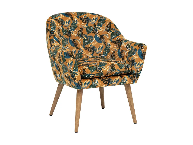 Fauteuil en Velours Ocre motif feuilles et pieds en Bois