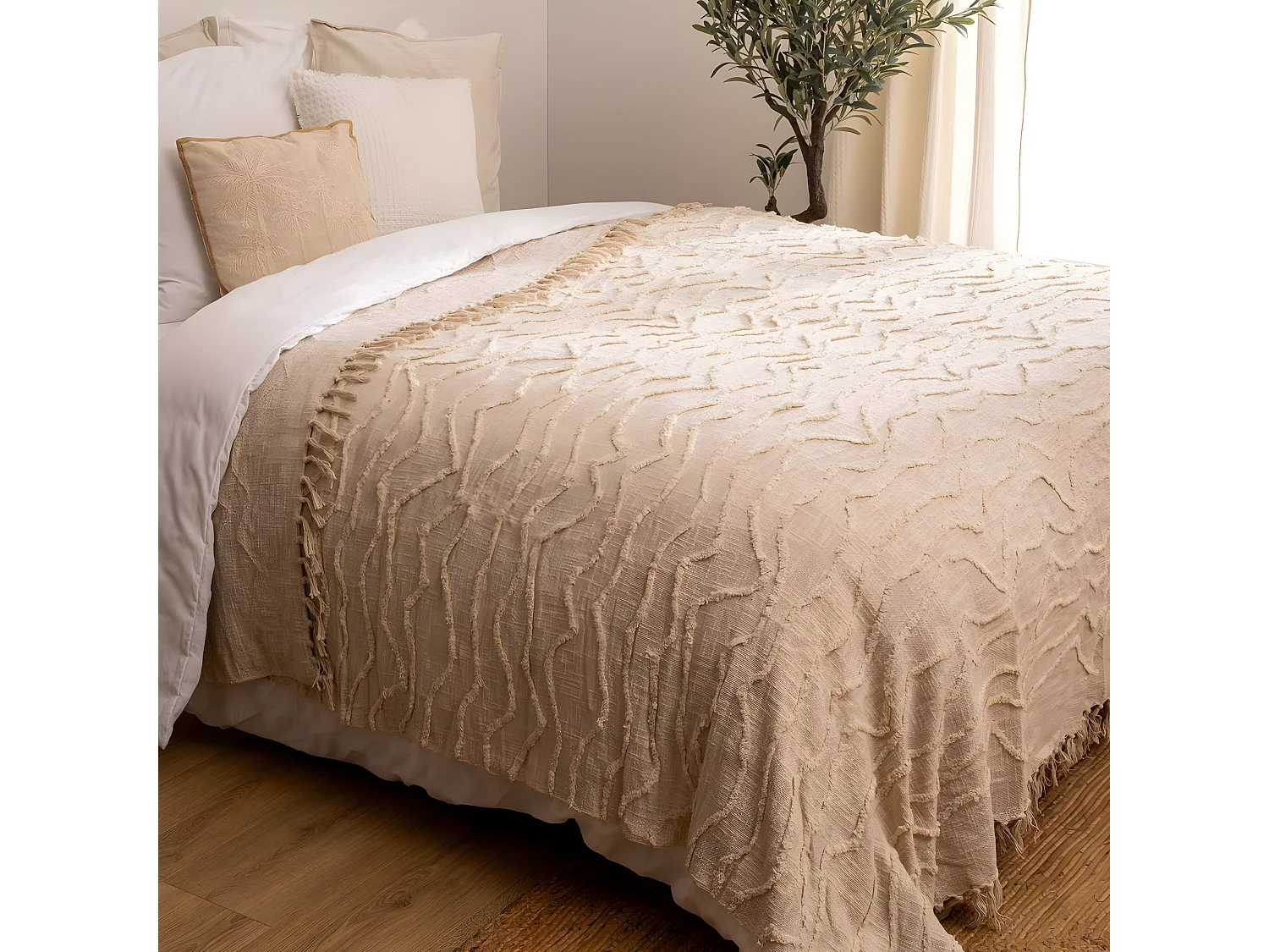 Dessus de Lit en Coton Beige avec franges et motifs en relief 240 x 260 cm