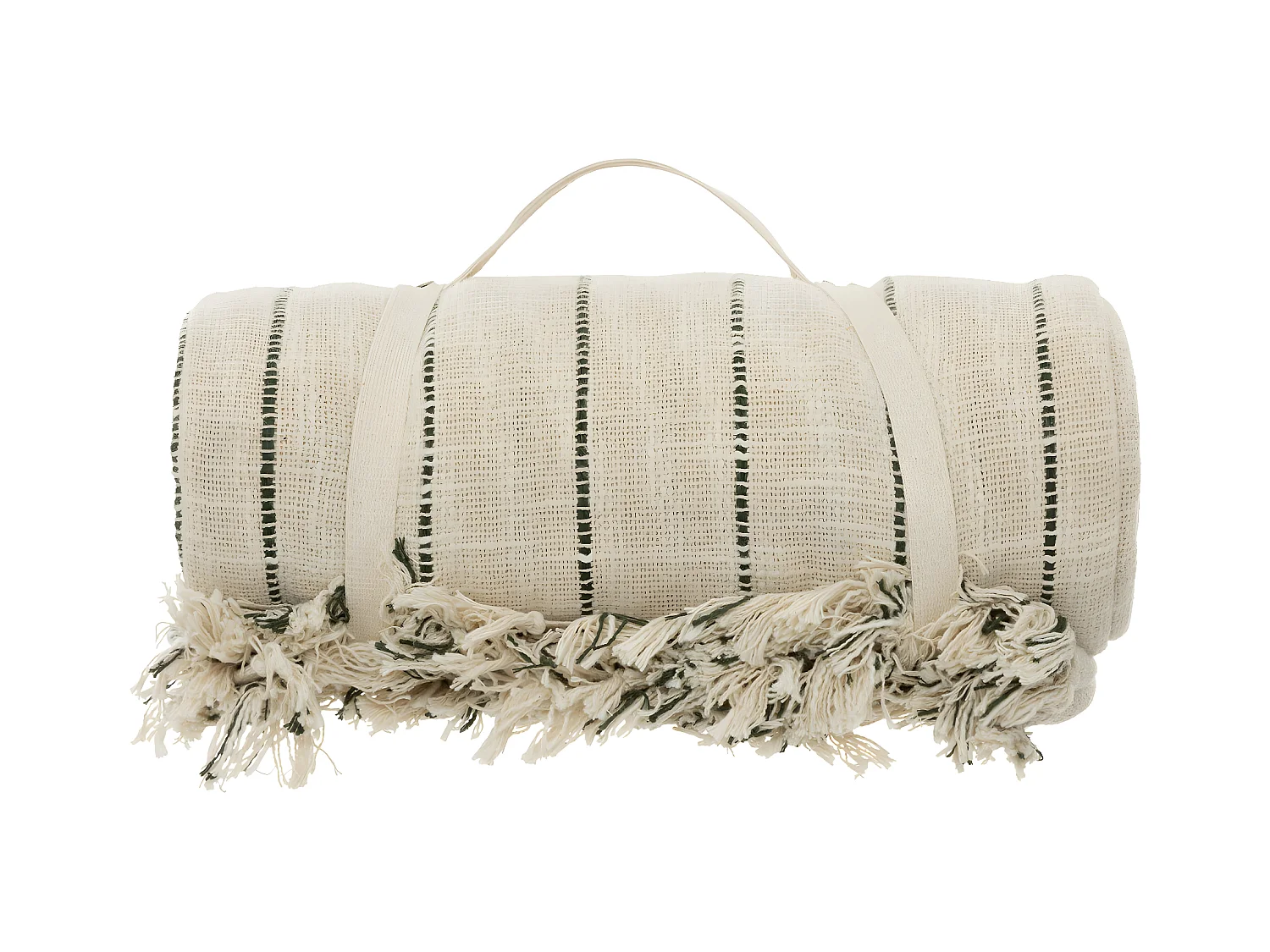 Dessus de Lit en Coton Beige avec franges et rayures kaki 240 x 260 cm
