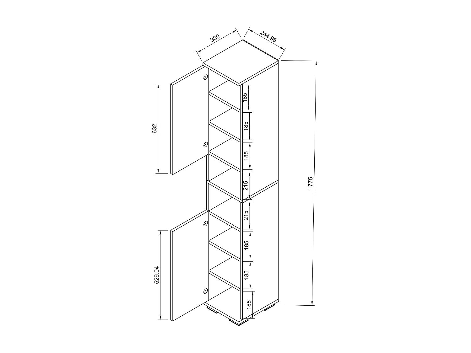 Armário de sapato de madeira VCM | Estreito | Armário alto | Dimensões: A. 178 x L. 30 x P. 33 cm | 2 Portas rotativas | 8 compartimentos - Gados M (Branco)