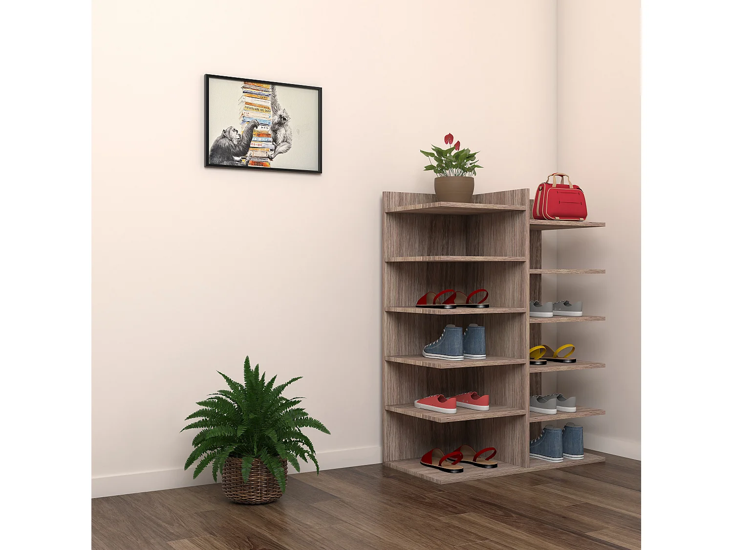 Prateleira de sapato de madeira VCM | Dimensões: L. 60 x A. 80 x P. 30 cm | 12 compartimentos - Enosa (carvalho Sonoma)