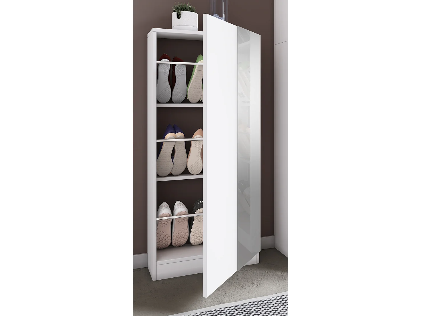 Armário de sapato de madeira VCM | Dimensões: A. 112 x L. 50 x P. 17 cm | 1 Porta giratória | Espelho prático - Espelho Fulisa L (Branco)