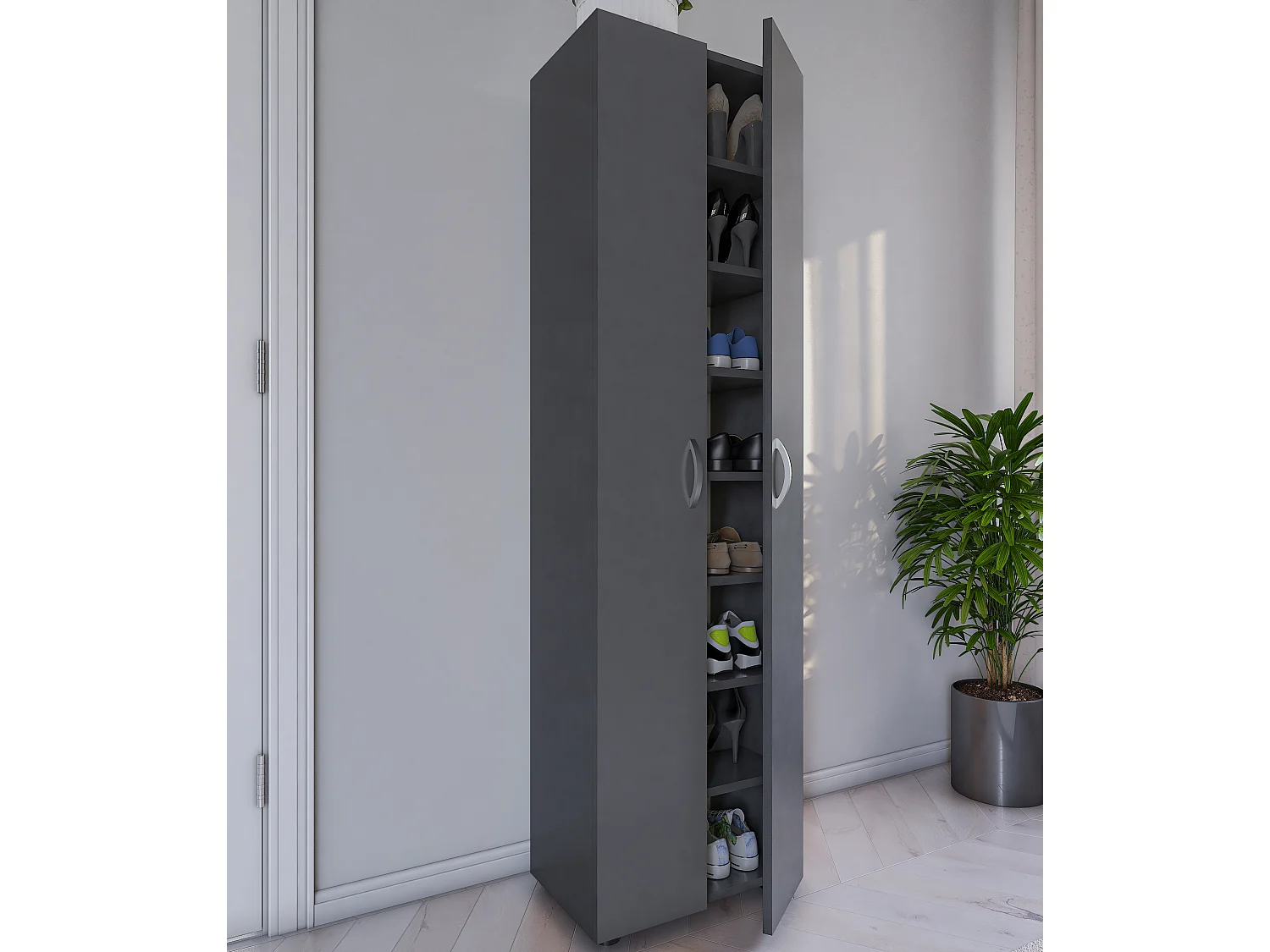 Armário de sapato de madeira VCM | Dimensões: A. 173 x L. 49 x P. 30 cm | Armário para todos os fins | 8 compartimentos | 2 Portas de torneamento – Ulas (Antracite)