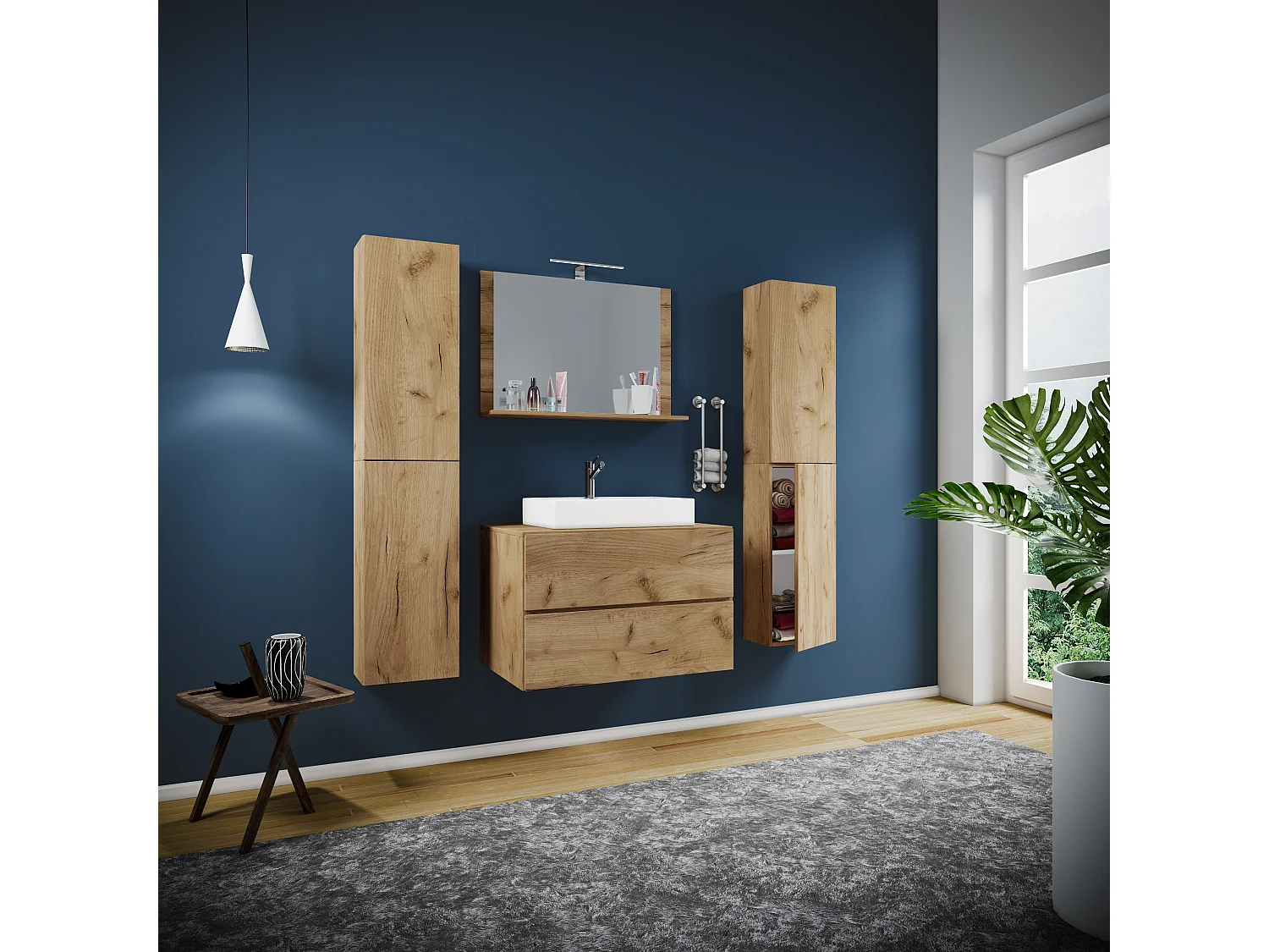 Bathroom furniture washbasin Lendas Honey oak H. 150 x W. 126 x D. 51 cm