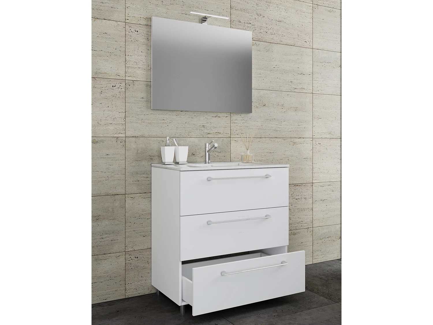 VCM 3 pcs Lavatório | lavatório menor largura do armário 60 cm | conjunto de móveis de banheiro de pé com espelho de três gavetas | Badinos (Branco)