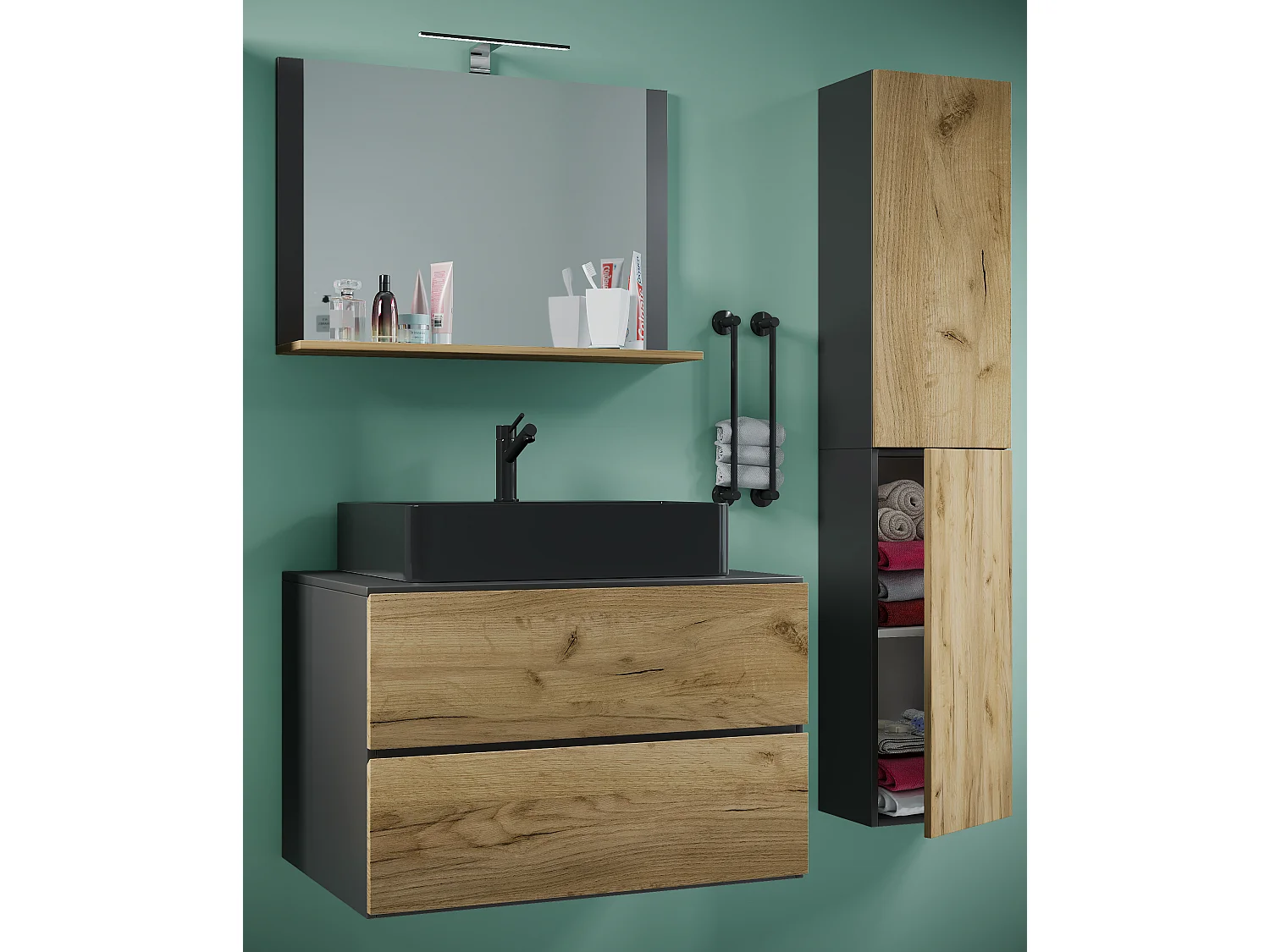 Bathroom furniture washbasin Lendas Anthracite / honey oak H. 150 x W. 80 x D. 51 cm