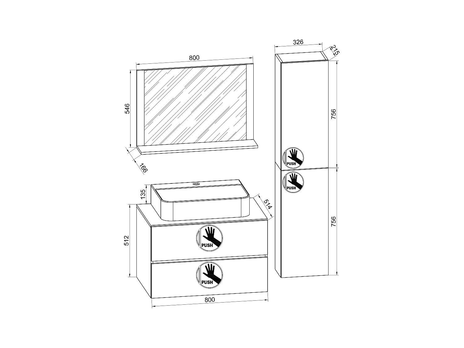 4-tlg. Waschplatz Waschtisch Lendas L Schublade