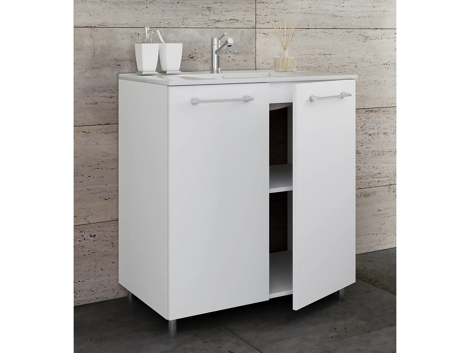 VCM 2 pcs Lavatório | lavatório menor largura do armário 80 cm | Móveis de casa de banho em pé | Badinos (Branco)