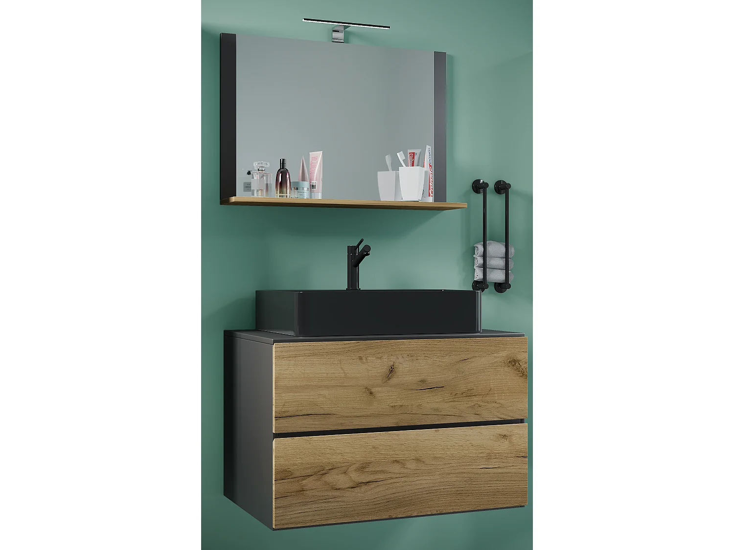 Bathroom furniture washbasin Lendas Anthracite / honey oak H. 134 x W. 80 x D. 51 cm
