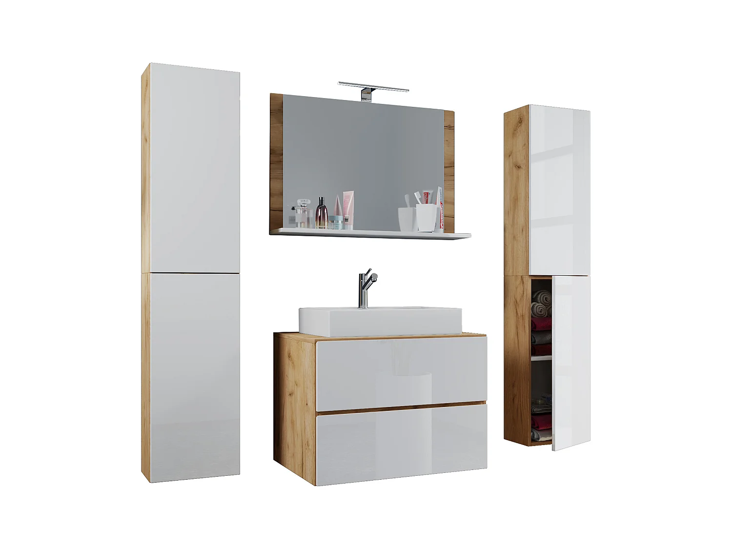 Bathroom furniture washbasin Lendas Honey oak / White H. 150 x W. 126 x D. 51 cm