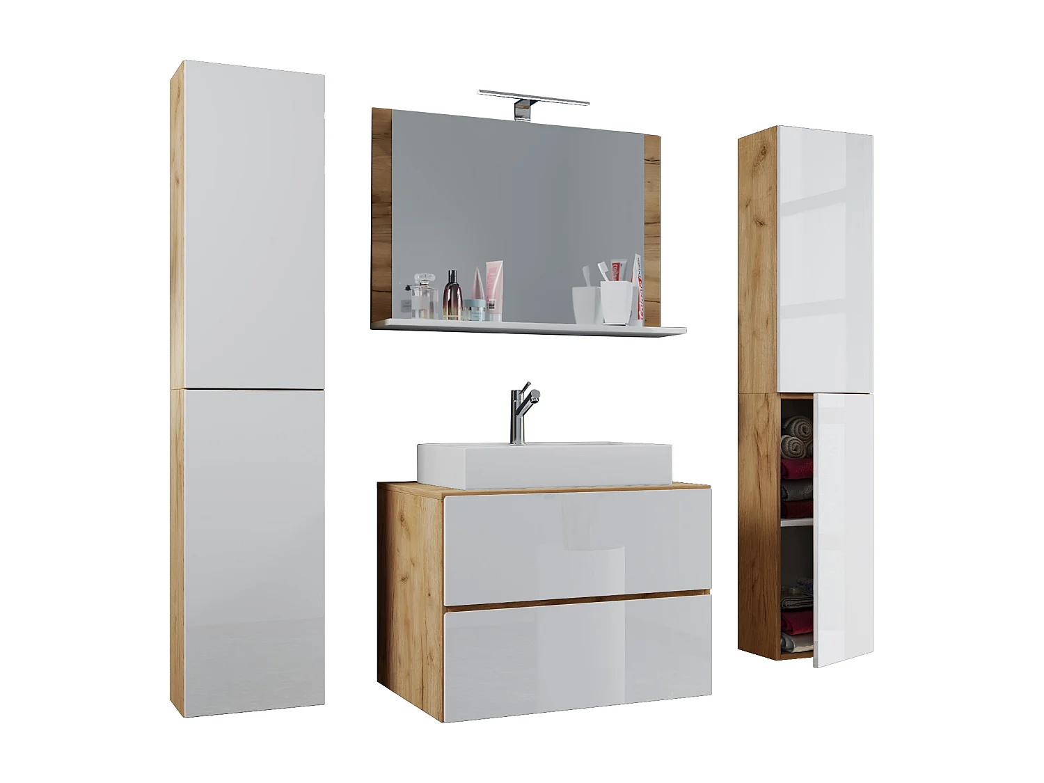 Bathroom furniture washbasin Lendas Honey oak / White H. 150 x W. 126 x D. 51 cm