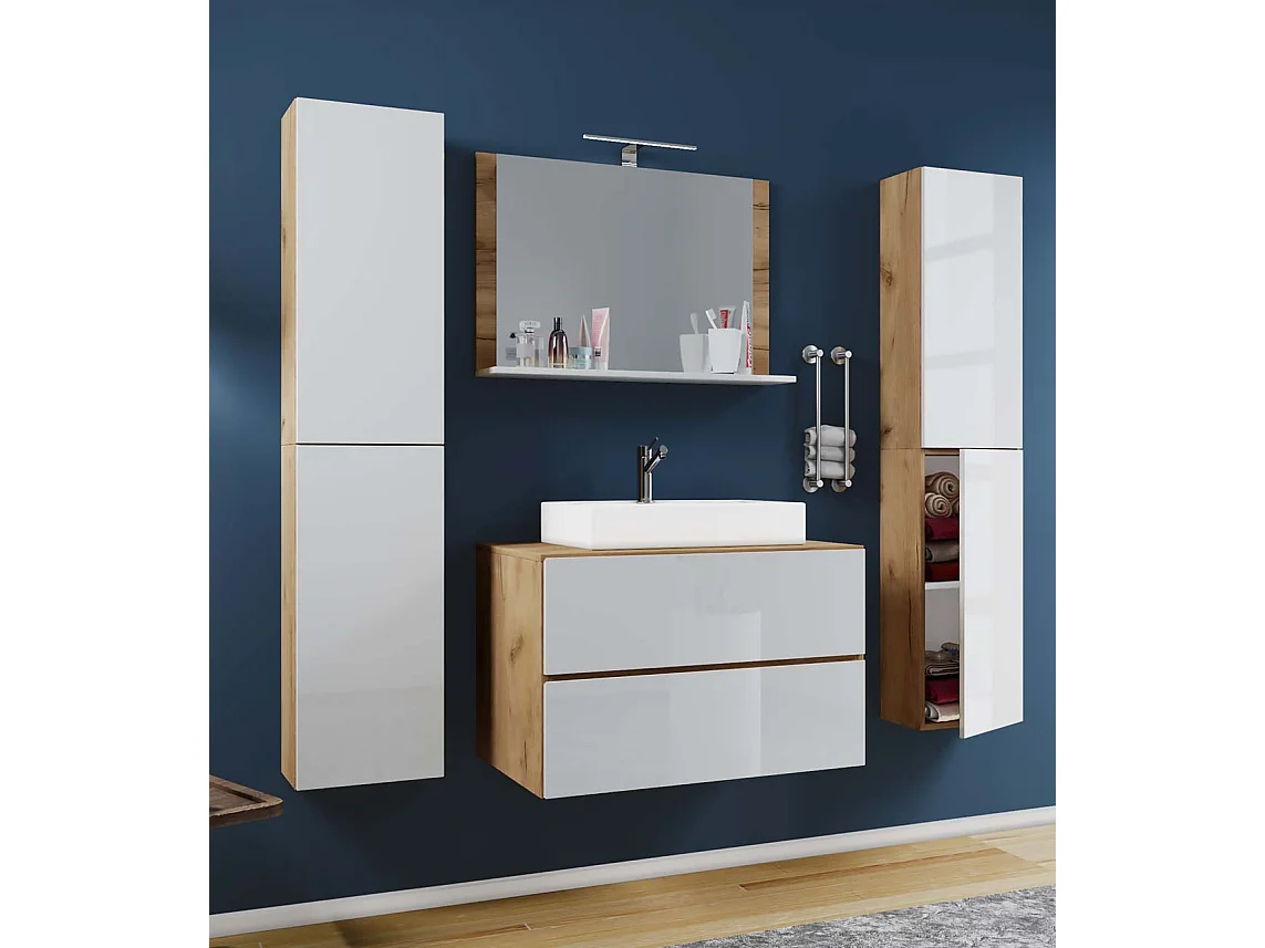 Bathroom furniture washbasin Lendas Honey oak / White H. 150 x W. 126 x D. 51 cm